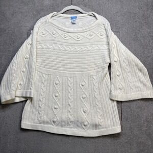 U Knit Women's Cable Knit Sweater Ivory XL Fisherman Style Pullover Cozy